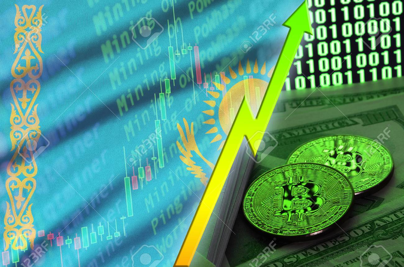 Kazakhstan Flag And Cryptocurrency Growing Trend With Two Bitcoins - 